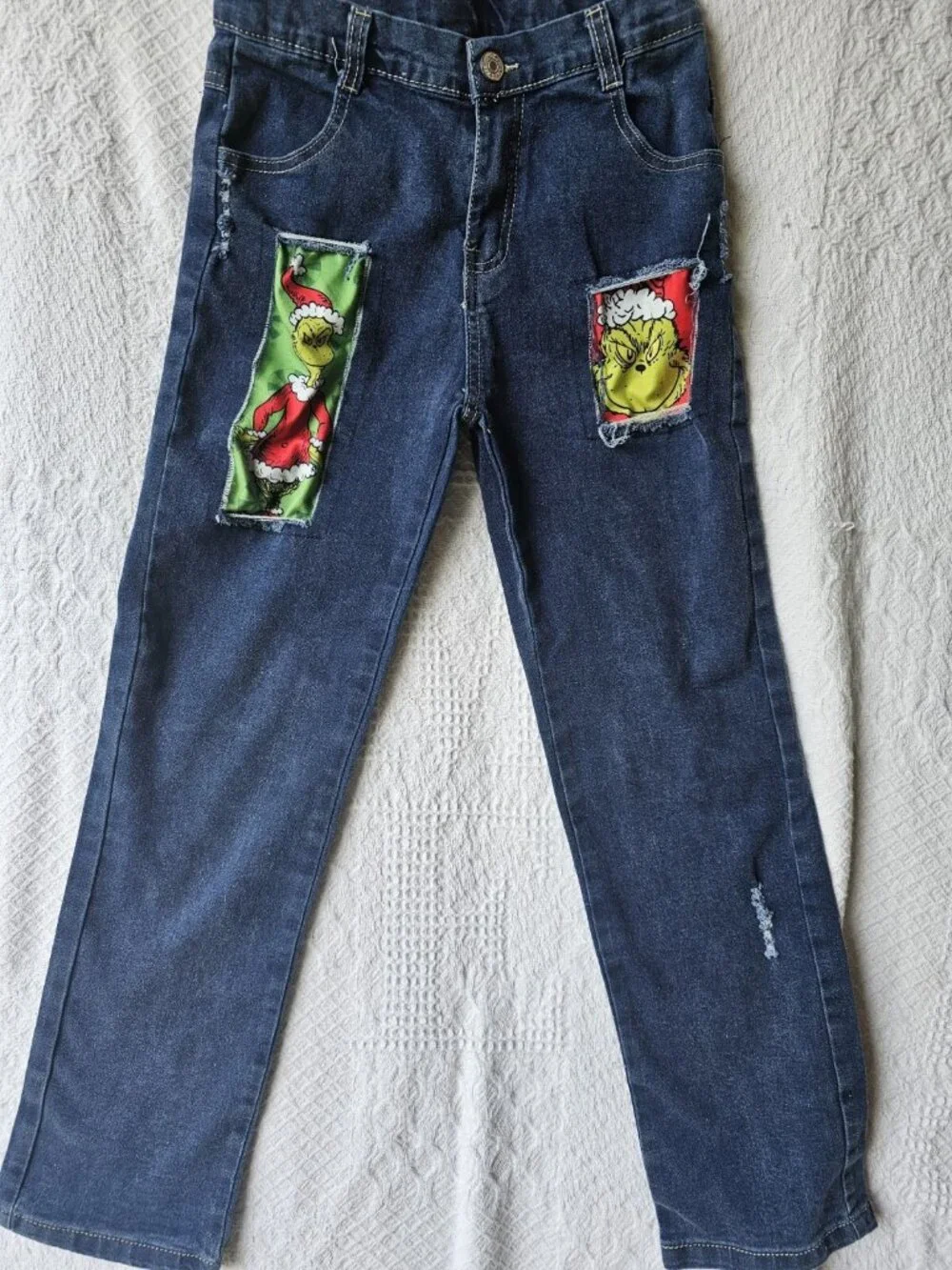 UNIQUE Grinch Christmas Kids Teen Blue Jeans SIZE 14-16 TEEN